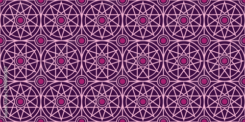 Seamless geometric star pattern in purple and pink. Ideal for apparel, textile prints, bandanas, fashion accessories, and festive gift wrapping paper.