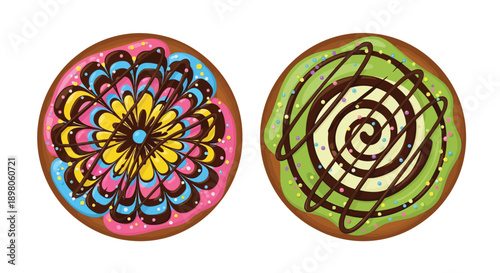 Two colorful decorated donuts with unique icing designs and chocolate drizzle