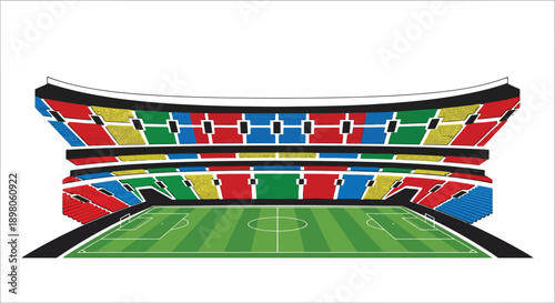 Colorful illustration of a large soccer stadium with a green field