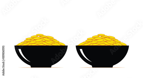 Two black bowls overflowing with golden coins against a white background