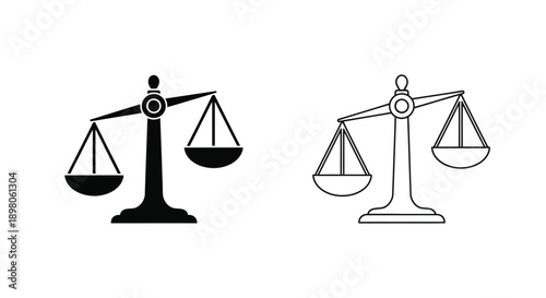 Two depictions of justice scales one solid black and one outlined