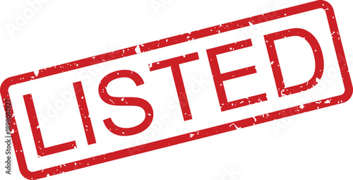 A bold red rectangular rubber stamp displaying the prominent word LISTED with a vintage grunge effect on a clean white surface