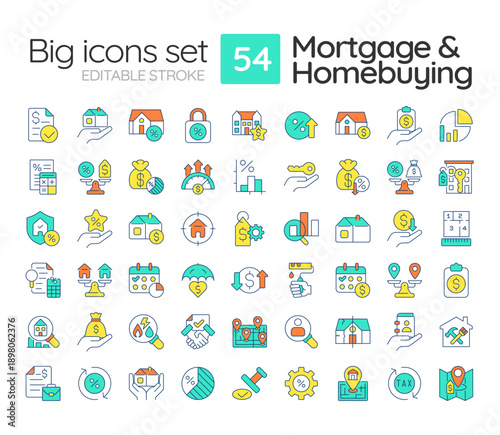 Mortgage and homebuying line color icons set. Real estate, property management. Financial investment, data analysis. Vector illustrations. Simple flat colorful symbols collection. Editable stroke