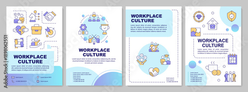 Company teamwork blue gradient brochure layout. Workflow control, business goals. Leaflet advertising design with color line icons. Editable 4 pages. Arial-Bold, Myriad Pro-Regular fonts used