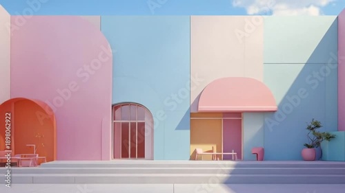 Pastel-colored building facade with geometric shapes and minimalist design under a clear blue sky.