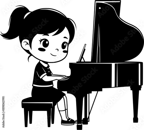 Cute black and white cartoon illustration of little girl playing grand piano for children music education concept