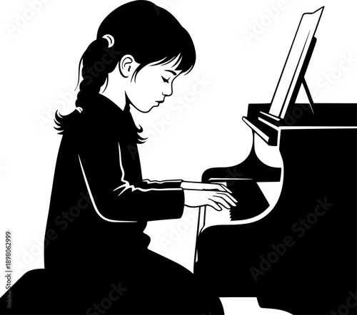 Black and white silhouette illustration of young girl playing grand piano for music education and classical performance conc