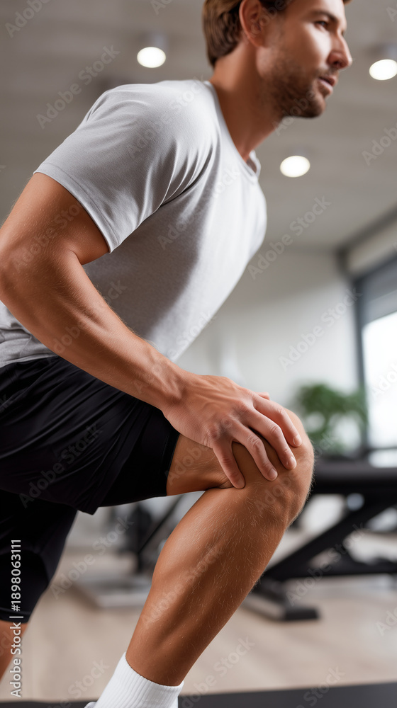 Naklejka premium Knee injury rehabilitation physiotherapy clinic. Athlete touching painful joint sitting examination table, sports medicine recovery treatment. Physical therapy healthcare wellness center.