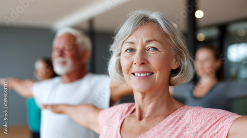 Senior woman exercising during group rehabilitation class, wellness center. Mature adults training together, physical therapy, healthy aging, fitness program, stretching, active lifestyle, recovery.