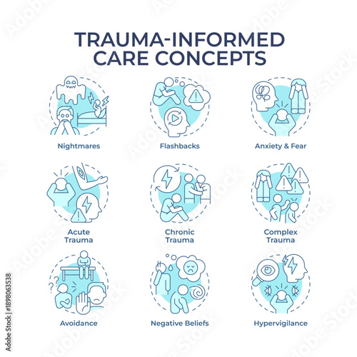Trauma informed care soft blue concept icons. Psychological issues. Mental health, negative thoughts. Icon pack. Vector images. Round shape illustrations for brochure, booklet. Abstract idea