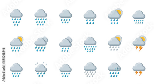 A comprehensive set of weather icons depicting various rain conditions, including sun, lightning, and snow, on a white background.