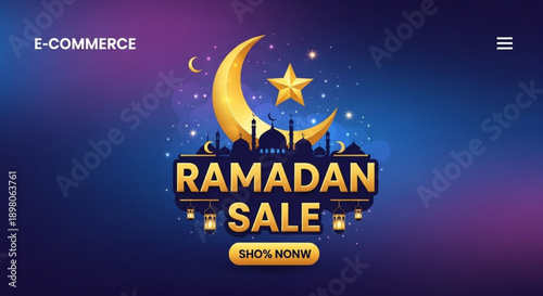 Ramadan sale banner with crescent moon and star on blue background