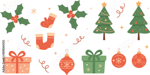 Flat Christmas vector element set with decorated pine trees gifts socks and holly berries isolated on white background