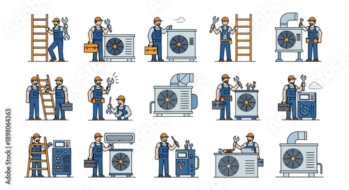 Collection of illustrations depicting HVAC technicians performing maintenance, repair, and installation tasks on various air conditioning and ventilation units.