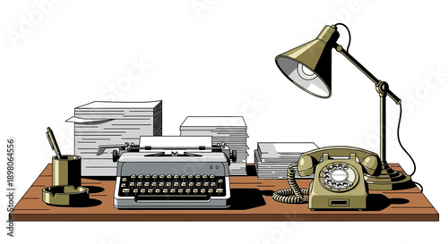 An illustration of a vintage office desk featuring a typewriter, telephone, and lamp with paperwork.