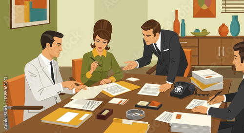 A retro illustration of a business meeting with four people reviewing documents and discussing.