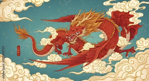 Vibrant red dragon in flight against cloudy sky illustration