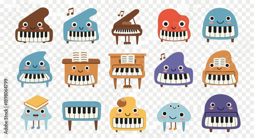 A delightful collection of cute cartoon pianos with expressive faces and musical notes, presented in various shapes and vibrant colors, ideal for children's music education.