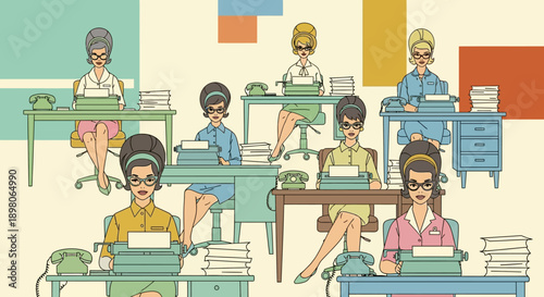 Illustration depicting a retro office scene with several women working at typewriters.