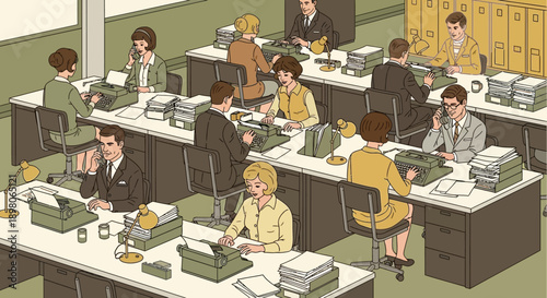 Illustration depicts a bustling office scene with employees working at desks, using typewriters and telephones.