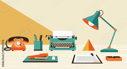 A vintage office desk setup with retro telephone, typewriter, and desk lamp, ready for work.