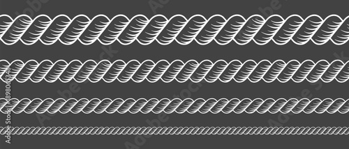 Rope brush vector pattern with nautical cord elements and decorative marine knots, perfect for seamless borders and vintage sailor-themed designs on black background.