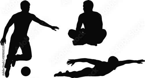 Black silhouette set of men in various poses including playing soccer with ball, sitting cross-legged in meditation, and swimming, active lifestyle and fitness illustration.