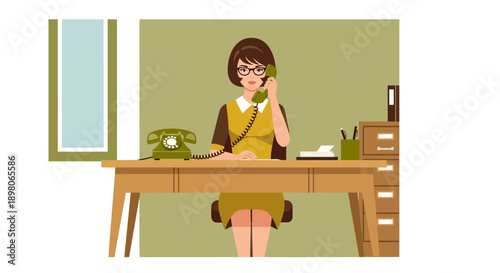 A woman in glasses sits at a desk, talking on a vintage telephone in an office setting.