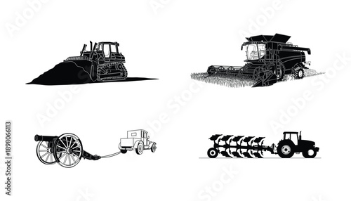Heavy equipment and historical vehicle silhouettes: dozer, combine, cannon, antique car.
