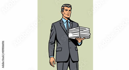 A businessman holding a stack of papers in his hand, standing in a professional setting, viewed from the front flat vector illustration of 1960s