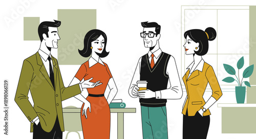 Group of professionals engaged in conversation in a modern office setting, standing near a desk with a plant in the background flat vector illustration of 1960s