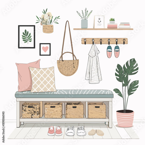 Cozy entryway with bench, wicker baskets, and hanging clothes in a serene indoor setting from a straight-on viewpoint