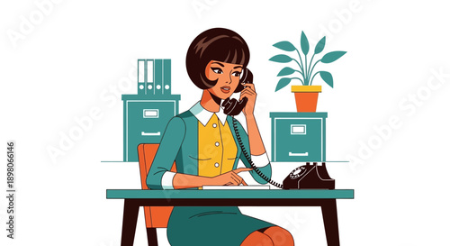A stylish woman in a vintage office setting, talking on the phone, working.