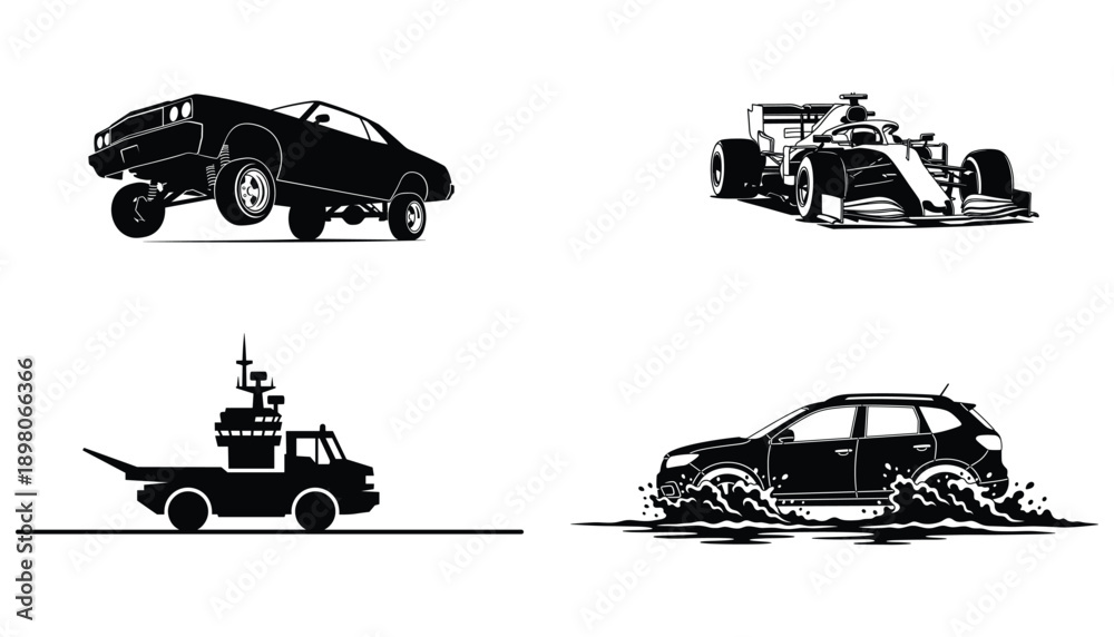 Naklejka premium Action vehicle silhouettes: lowrider, race car, utility truck, off-road SUV.