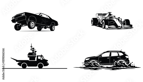 Action vehicle silhouettes: lowrider, race car, utility truck, off-road SUV.