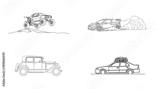 Off-Road and Classic Vehicle Silhouettes: Dune Buggy, Rally Car, Vintage Car