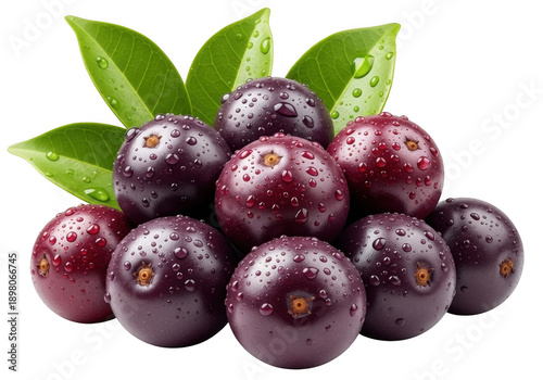 Fresh acai berries with leaves and water droplets isolated on transparent background