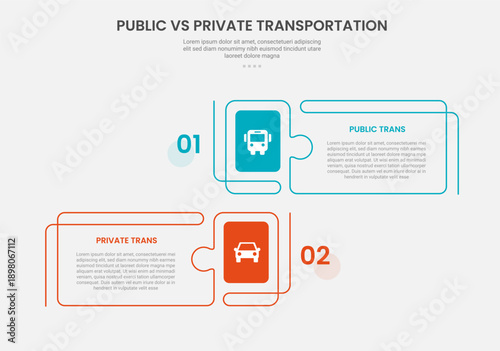 public vs private transportation infographic outline style with 2 point comparison template with creative rectangle box with puzzle jigsaw style for slide presentation