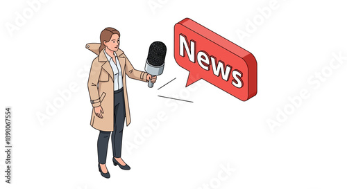 Female journalist holding microphone and news speech bubble, standing in a professional pose on a white background, vector illustration style