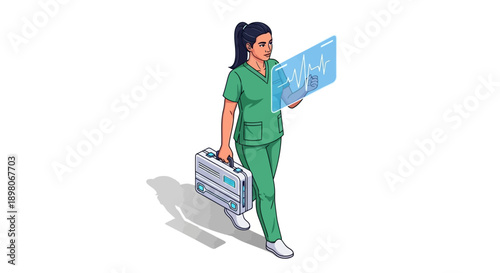 Female Medical Professional Holding Clipboard and Briefcase in Simple Illustration Style