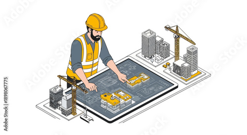 Engineer examining blueprint for construction project on digital tablet at industrial site