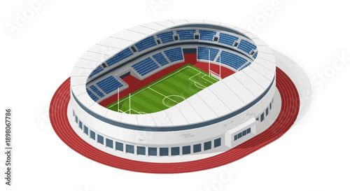 Aerial view of a modern stadium with a green football field and blue seating