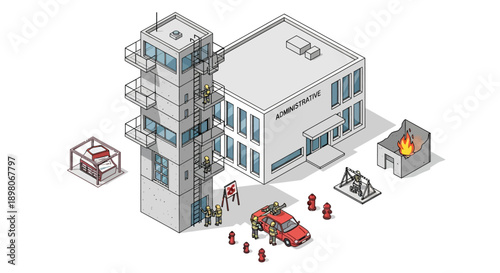 Industrial building emergency response operation with fire truck and personnel