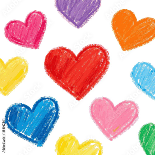 Playful crayon-style illustration of colorful heart shapes scattered cheerful and childlike mood vector, svg