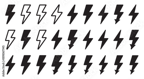 Lightning bolt icons set, black outline of flash lightning bolt icon vector illustration. Energy, power symbol.