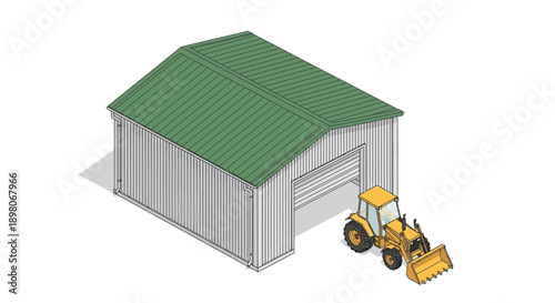 Tractor parked outside a metal shed with a green roof, viewed from an angle