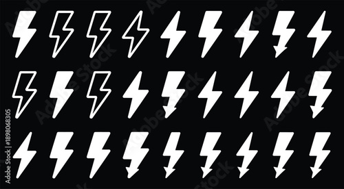 Lightning bolt icons set, black outline of flash lightning bolt icon vector illustration. Energy, power symbol.