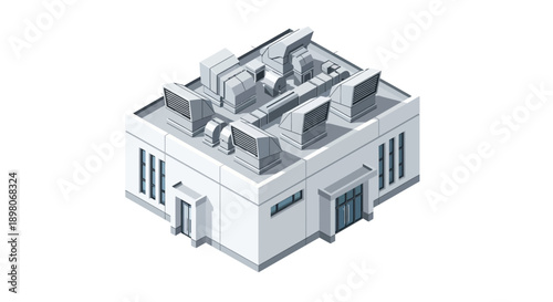 Isometric illustration of a modern building with industrial vents and machinery on the rooftop
