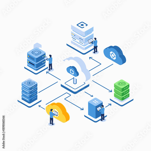 Data transfer and synchronization process illustration with servers and users.