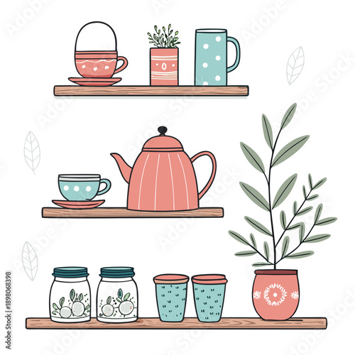 Still life illustration of tea setting with cups, teapot, and plants on wooden shelves from a front viewpoint